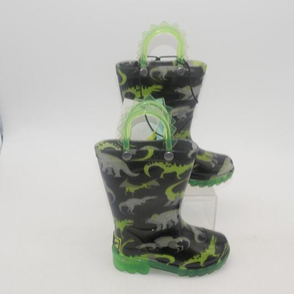 NEW Western Chief Dinosaur Light Up Rain Boots Green Pull Up Toddler Boys 5 - Picture 5 of 9